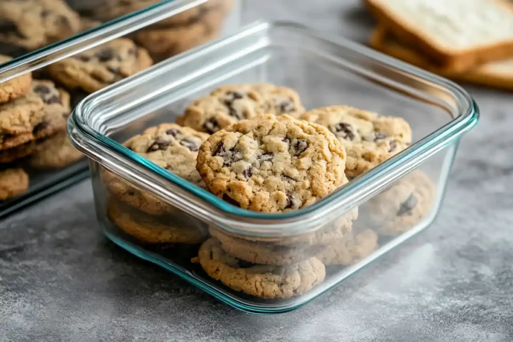 Stored Cookies in an Airtight Container with a Slice of Bread