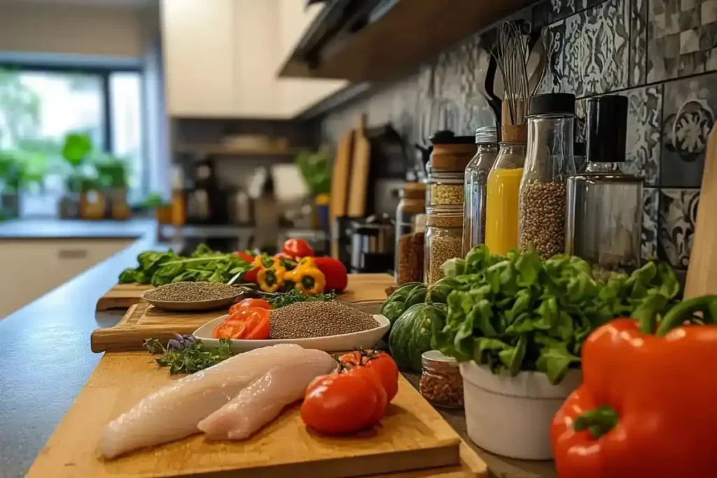What are the best ingredients for fish food? displayed in a vibrant aquarium feed