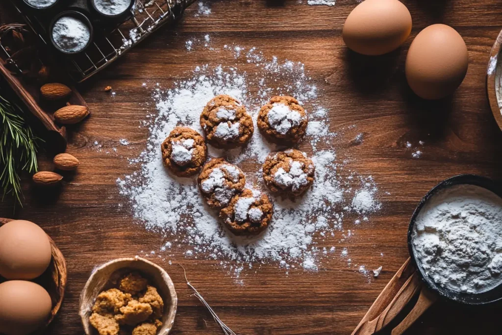 Freshly baked cookies dusted with powdered sugar, surrounded by baking ingredients including eggs, flour, and almonds on a wooden surface.